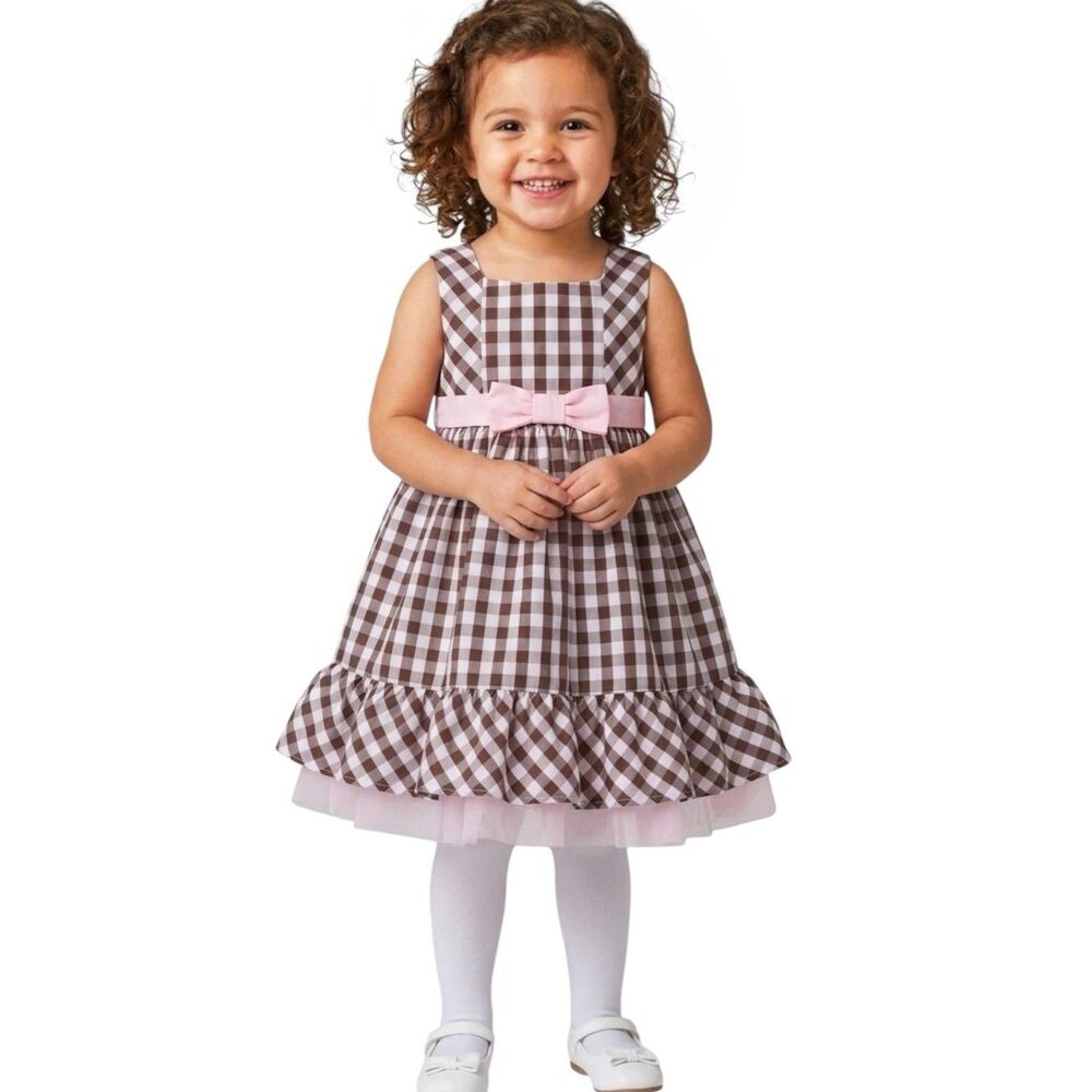Savannah Girls Dress size 2 Toddler tulle Plaid Bowed Pink Brown Plaid Party